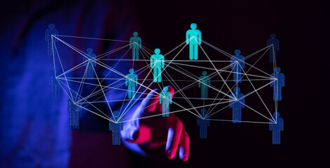 Abstract image representing global networking and connection with a hand touching the digital network. Illustrating communication, teamwork, and