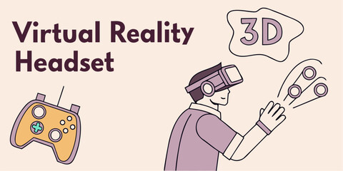 Fototapeta premium Immersive virtual reality experience with headset and controller, engaging in 3D worlds.