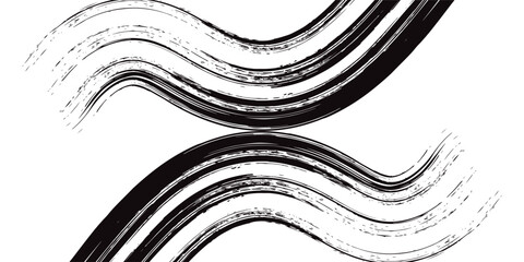 A curved black ink vector line pack. Long, rounded hand-drawn brush strokes, highlighted text, frames, and circles. Modern Asian calligraphy. Eps 10.