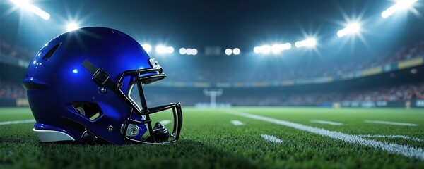 Blue football helmet rests on stadium grass field at night under bright lights. Empty gridiron awaits players for intense competition, thrilling game action. Spectators fill stands, eager for