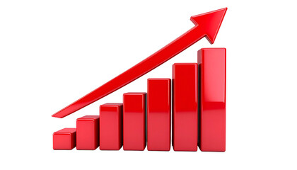 Red 3D bar chart ascending with an arrow on black background, depicting growth and progress