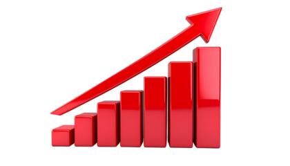 Red 3D bar chart ascending with an arrow on black background, depicting growth and progress