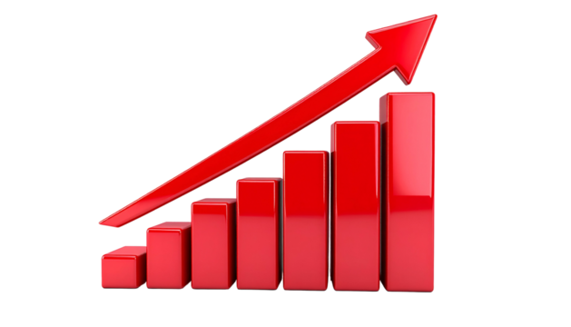 Red 3D bar chart ascending with an arrow on black background, depicting growth and progress