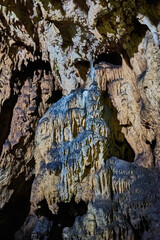Vadu Crisului Cave in Bihor, Romania, features impressive limestone formations. Stalactites hang from the ceiling, while stalagmites rise from the floor, some meeting to form columns