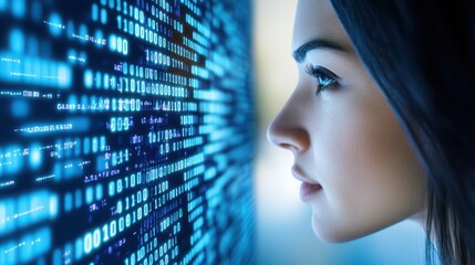 Digital Insight: A woman gazes intently at a vibrant wall of binary code, representing a moment of deep technological contemplation and exploration of data and future innovation.