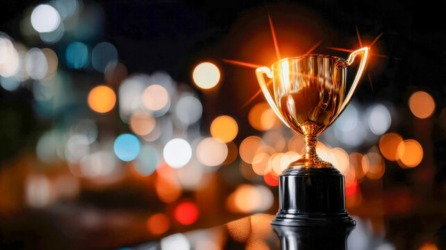 Golden trophy shining brightly against a colorful bokeh night background - Powered by Adobe