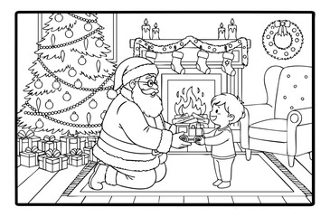 a boy receiving a gift from Santa Claus, Christmas illustration to color