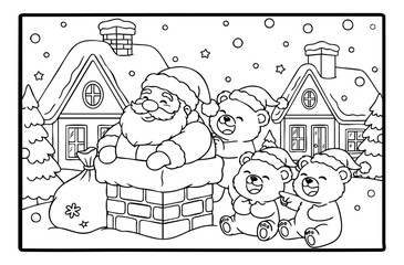bears helping santa claus stuck in the chimney illustration to color