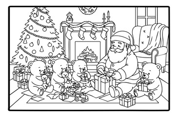 Santa's little helper bears wrapping gifts vector coloring page