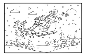 Santa Claus flying in a sleigh with the teddy bears delivering gifts illustration coloring book