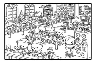 Santa's Little Helper Bears Toy Factory Vector Coloring Pages