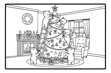 Teddy bears decorating the Christmas tree illustration coloring book