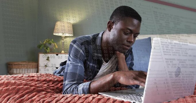 Software developer opening laptop tapping keys showing tech overlay compiling data then fading away