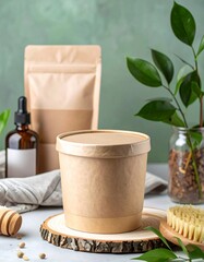 Kraft container mockup with eco-friendly products.