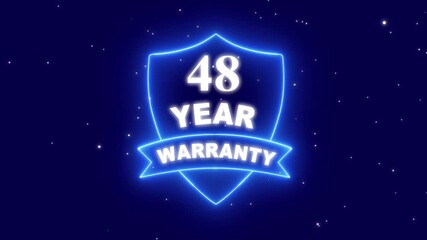48 year warranty with shield icon animation on technology background. Business product quality concept. 48 years warranty label badge design animation. Support service icon.  4k video animation.
