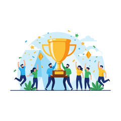 Team Celebrating Victory with Giant Trophy and Confetti.