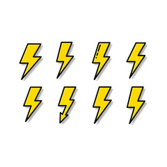 Collection of Yellow Lightning Bolt Icons with Black Outline.