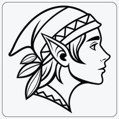 Elf head coloring page. Profile of a fantasy character with a pointed ear and hat. Vector outline for a Christmas or fairytale activity.