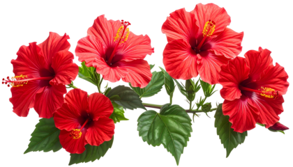 Vibrant red hibiscus flowers with green leaves on a vine against a transparent background