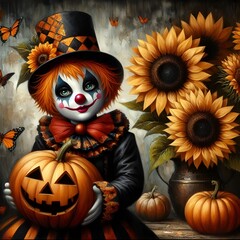 Fototapeta premium Halloween clown with pumpkin