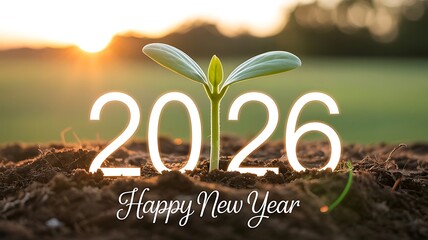 2026 Happy New Year With Growing Green Seedling Symbolizing Hope Nature Renewal And Fresh Beginnings At Sunrise In Warm Natural Light Background