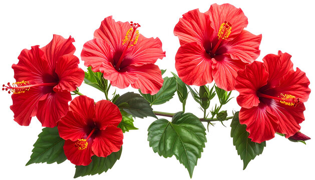 Vibrant red hibiscus flowers with green leaves on a vine against a transparent background
