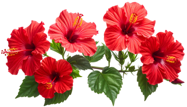 Vibrant red hibiscus flowers with green leaves on a vine against a transparent background