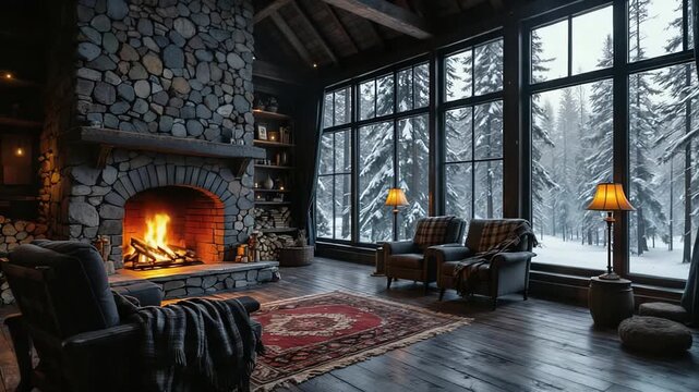 Cozy Mountain Retreat: Rustic Living Room with Fireplace and Winter Views