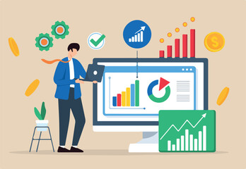 Profitability analysis, evaluating business, identifying cost-saving opportunities, profit margins optimization concept vector illustration. Analyst analyzing financial charts and graphs