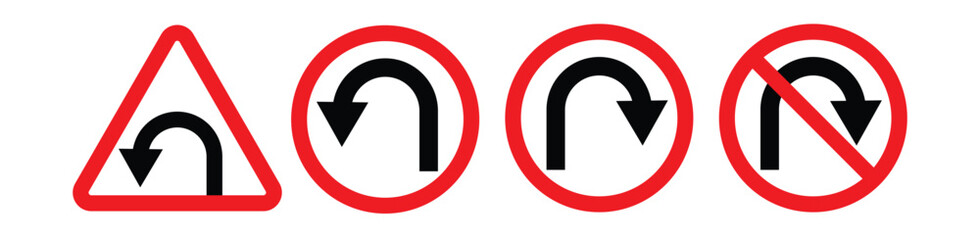 U-Turn Road Signs Set Warning, Mandatory, and Prohibited U-Turn Icons