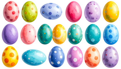 Watercolor painted Easter eggs in various colors and patterns, arranged in rows