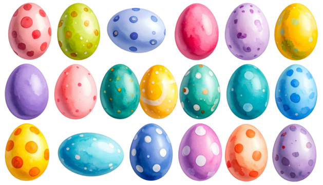 Watercolor painted Easter eggs in various colors and patterns, arranged in rows