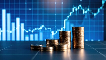 Financial growth concept with stacks of coins reflecting market graph background