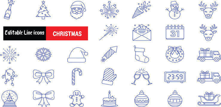 A comprehensive set of blue outline icons for winter holidays, depicting classic Christmas and New Year's Eve symbols