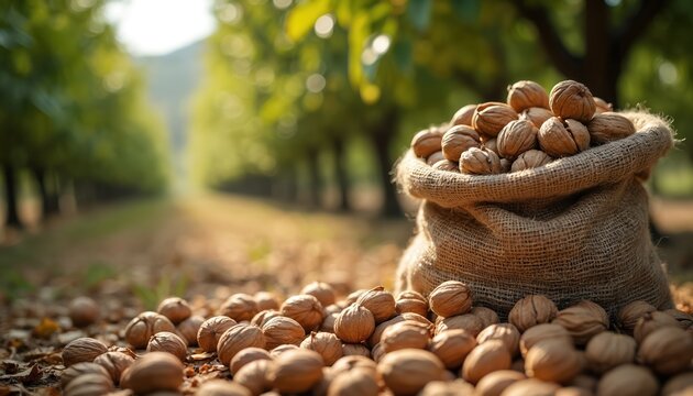 Fresh walnuts piled on ground beside burlap sack in sunlit orchard. Rows of trees stretch into background. Harvested nuts ready for sale or processing.
