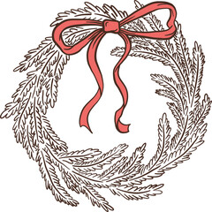 Obraz premium Retro hand drawn Christmas wreath with red bow ribbon vector illustration. Vintage Xmas garland, New Year decoration