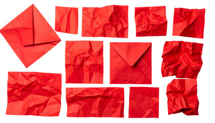 Fototapeta premium A collage of red envelopes and crumpled paper pieces with black outlines