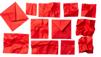 A collage of red envelopes and crumpled paper pieces with black outlines