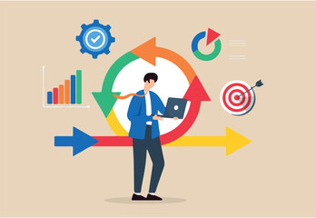 Obraz premium Guiding organizations through transitions, managing resistance and organizational concept vector illustration. Business analyst leading change management process 