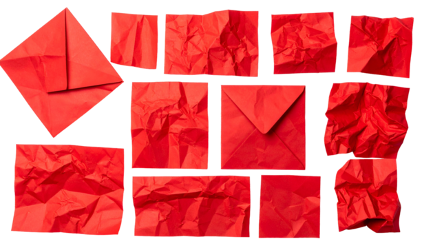 A collage of red envelopes and crumpled paper pieces with black outlines