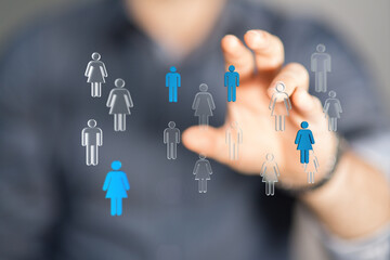 Abstract image showing networking, community and social interaction. Hand touching virtual people...