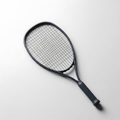 Black tennis racquet on a white background studio shot