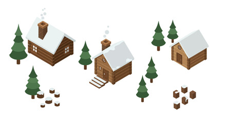 Cozy winter cabin scene with snow-covered roofs and pine trees in isometric d…