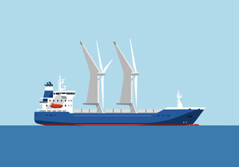 Fototapeta premium A stylized blue cargo ship with large, modern sails utilizes wind power. Clean, flat design illustration. Suitable for environmental or maritime themes.