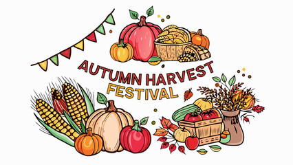 Illustration of autumn harvest festival with pumpkins corn and other fall harvest elements and pennant banner