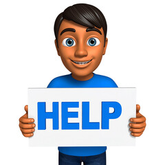 Cartoon PNG of a character holding a help signboard with hopeful expression, ideal for support, assistance, charity, help services, and motivational themes