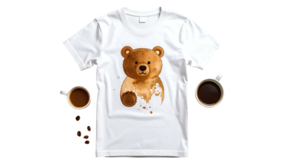 White t-shirt with bear graphic, coffee mugs, and loose beans on dark backdrop
