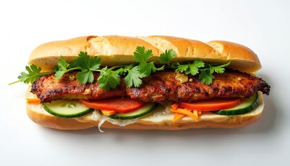 sandwich with grilled meat cilantro cucumber tomato and carrot. Fresh bread stuffed with savory filling creating a delicious lunch or snack. This appetizing meal is perfect for quick bites.
