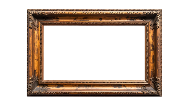 Ornate rectangular gold-toned picture frame, intricate details, empty black center