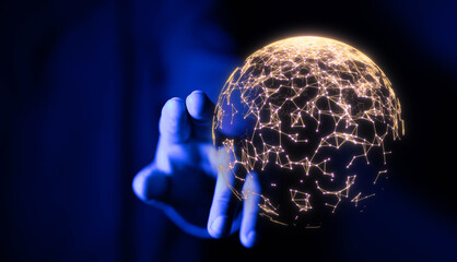 Close-up of a hand reaching out to touch a glowing digital sphere, representing the...